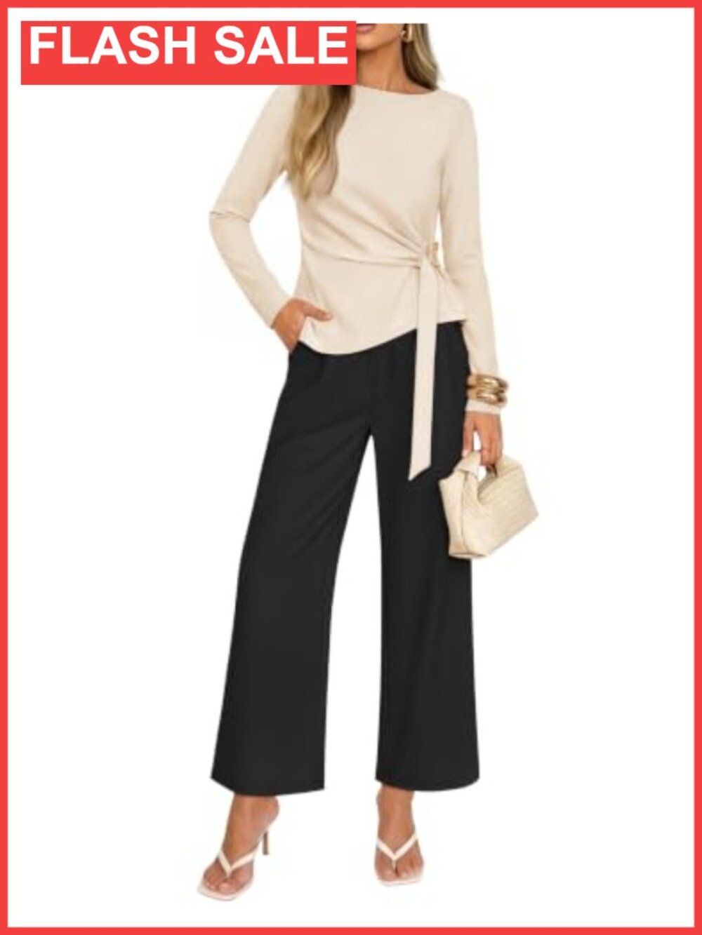 Women's 2 Piece Pant Set Soft Knit Long Sleeve Top Wide Leg Pant